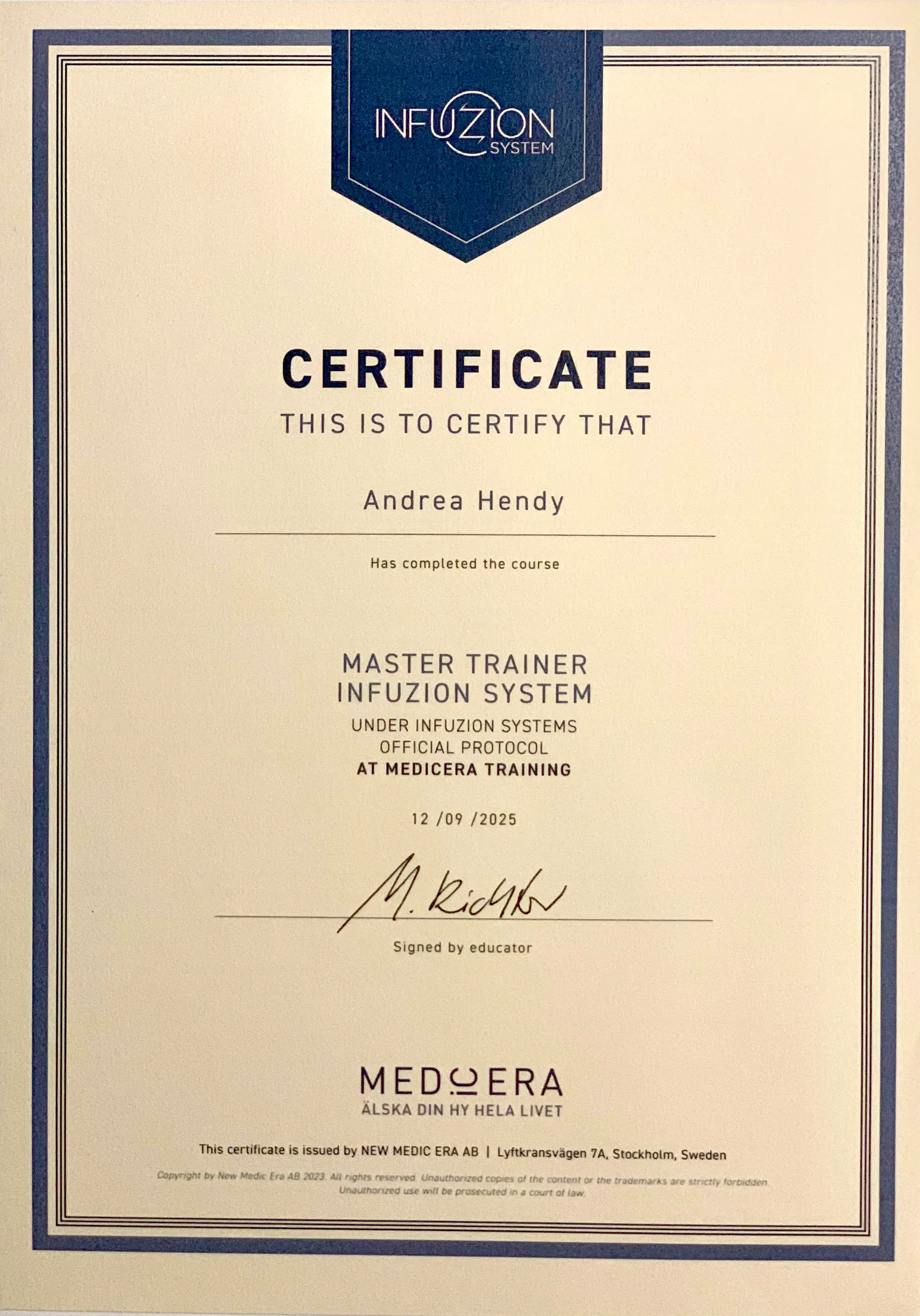 Infuzion System® Certificate